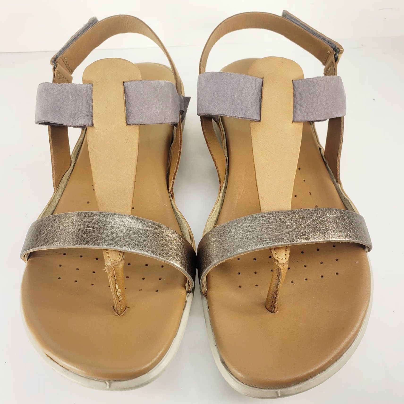 Ecco ECCO Strappy Slingback Slip On Sandals Tan Gray Metallic Silver EU 40 US 9/9.5 Leather Casual to Dressy Comfort Women Slippers Sandals Size US 9 / IT 39 - 2 Thumbnail
