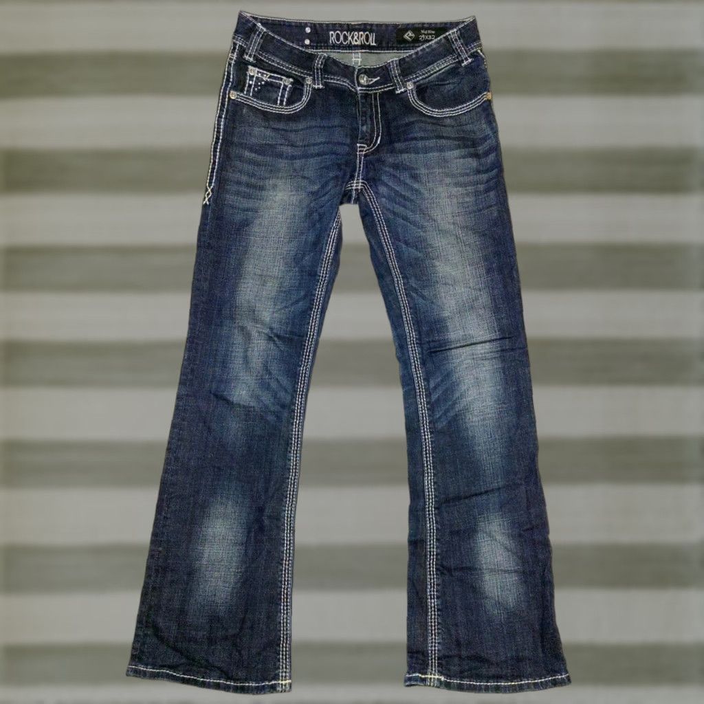 Denime Rock & Roll Cowgirl Denim Jeans 29x32 Women Dark Wash Mid Rise Bootcut Cotton Blend 5-Pocket Embroidered Logo Button Zip Rock Southwestern Cowboy Size 29" - 1 Thumbnail