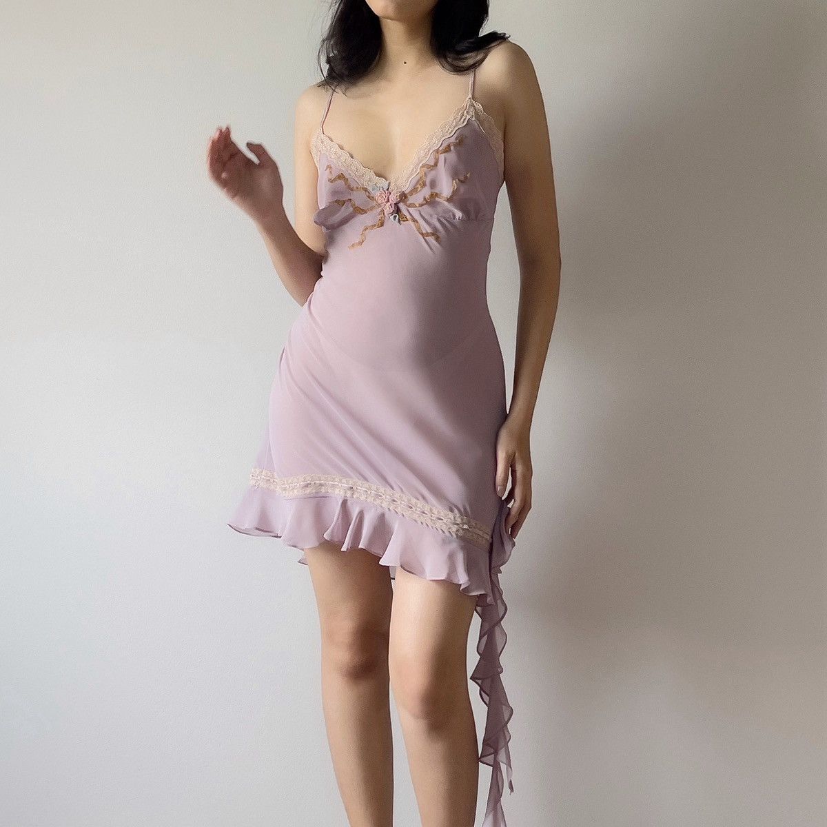 Vintage Romantic Dusty Purple Chiffon Semi-Sheer Mini Dress (Large) Size L / US 10 / IT 46 - 4 Thumbnail