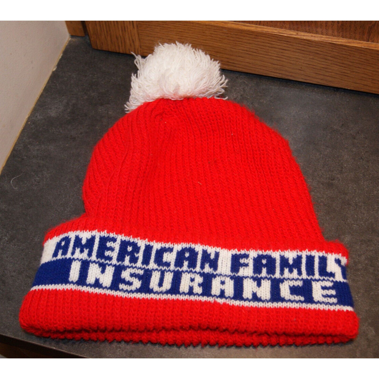 The Unbranded Brand Vtg American Family Insurance Advertise Pom Beanie Knit Hat Size ONE SIZE - 1 Thumbnail