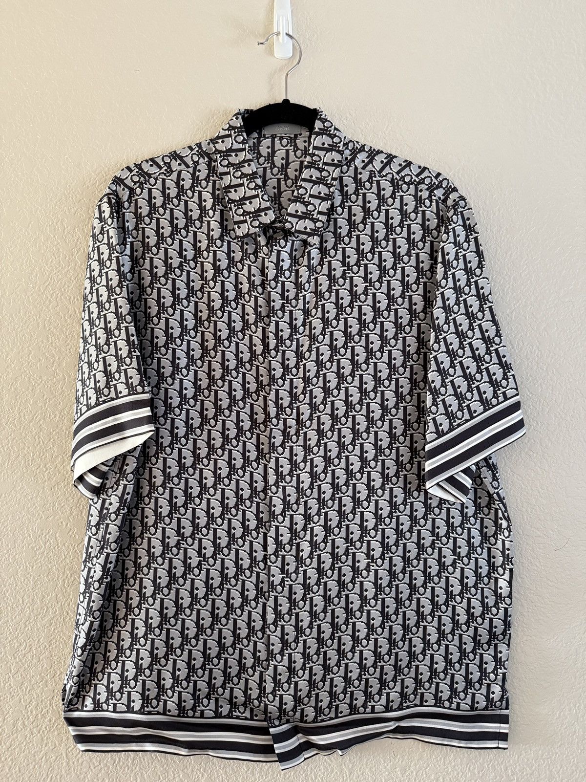 Dior Oblique Pattern Silk Short Sleeve Button Up Shirt 40