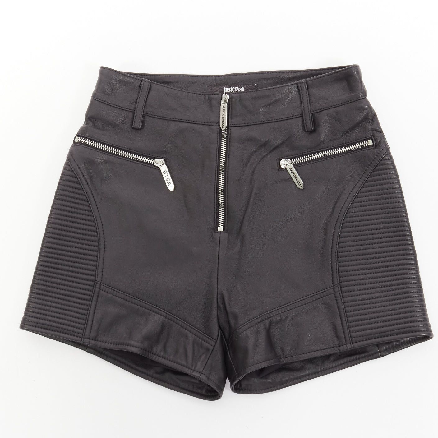 image of Just Cavalli Black Genuine Leather Silver Zip Motorcycle Ribbed Shorts It38 Xs, Women's (Size 26)