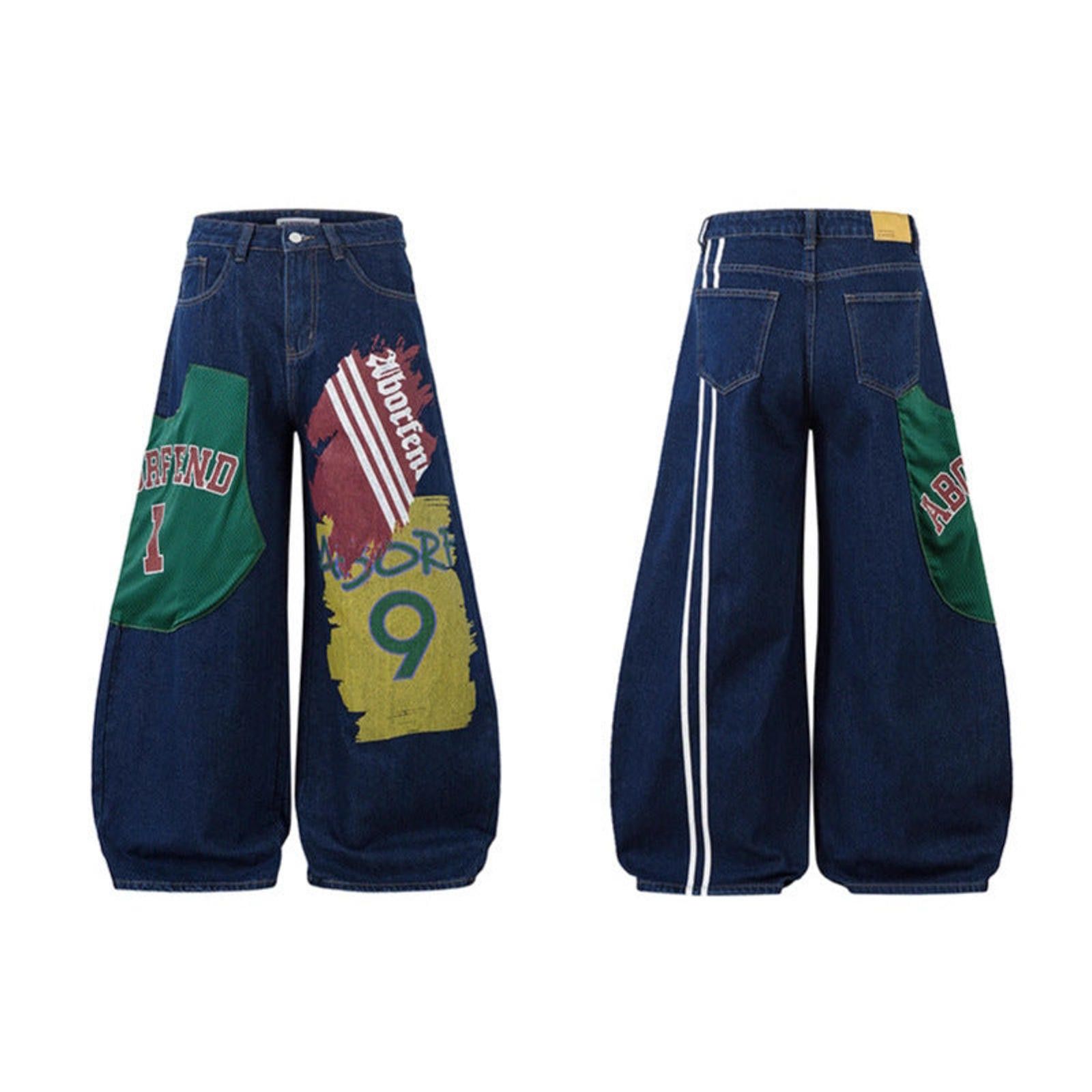 Japanese Brand Blue Wide Leg Barrel Denim Jeans with Graphic Patches Size US 32 / EU 48 - 4 Thumbnail