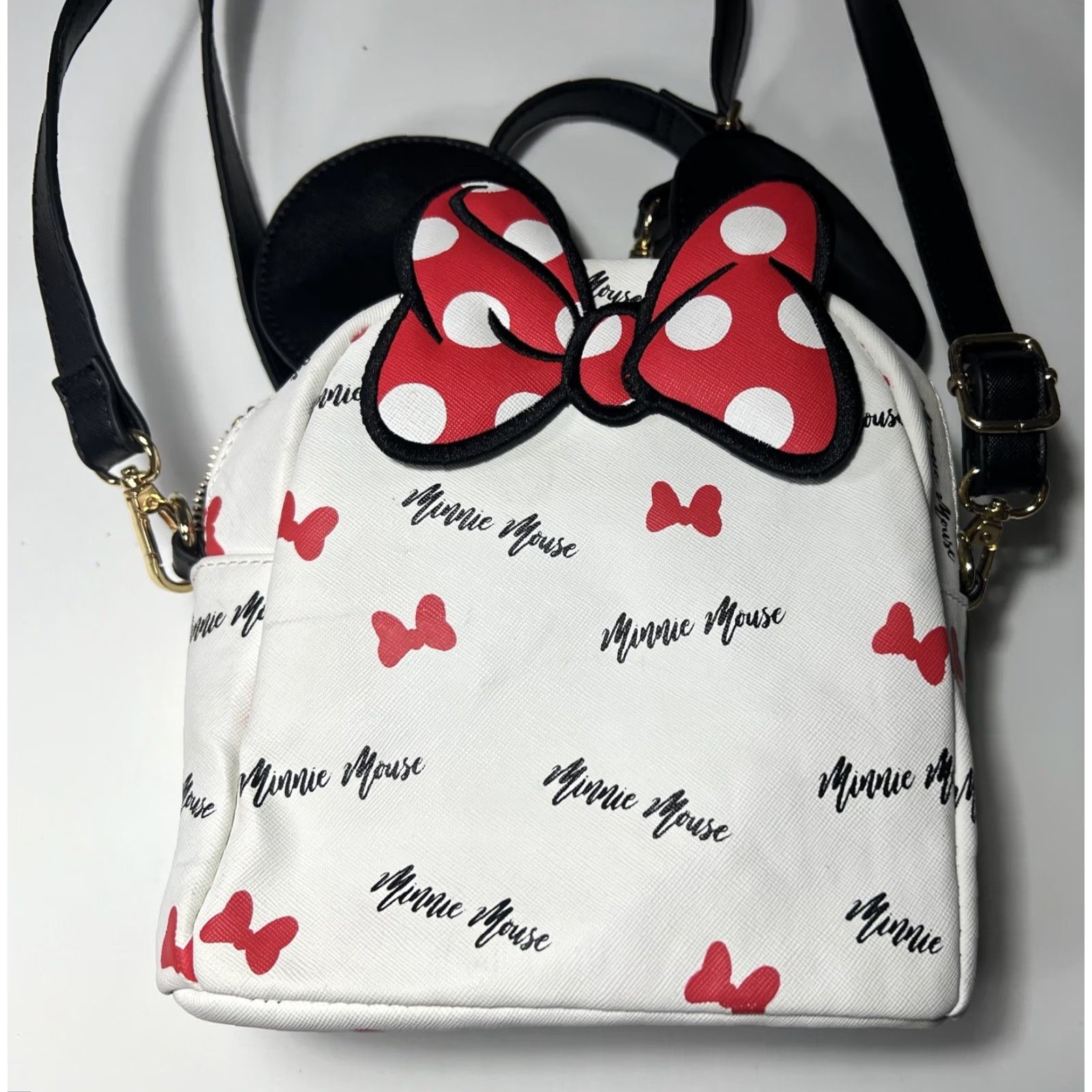VINTAGE Loungefly Mini Backpack Minnie Mouse Ears White Red Bowties Convertible Leather Women