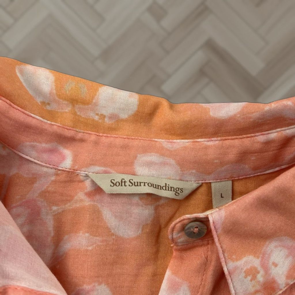 Soft Surroundings Soft Surroundings Orange Long Sleeve Sheer Back Floral Shirt Women's Large L Orange Sheer Floral Shirt Womens Large Size L / US 10 / IT 46 - 1 Thumbnail
