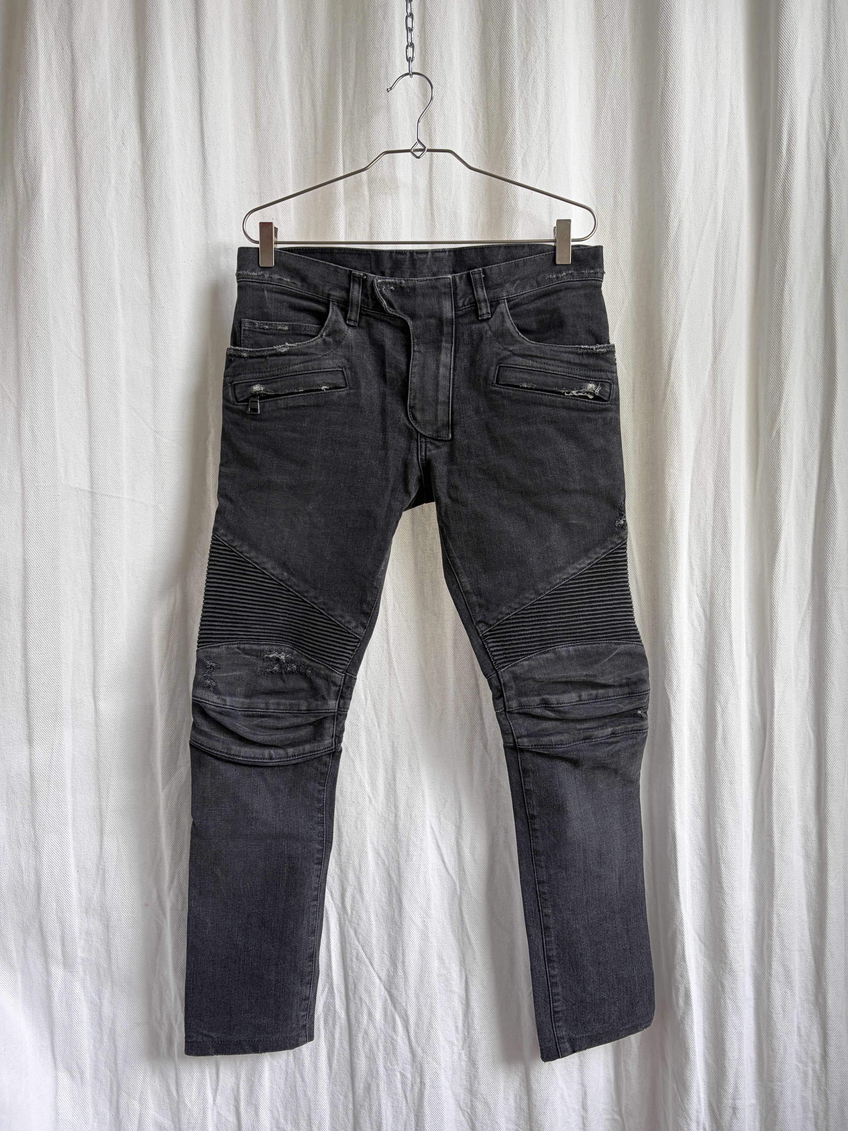 Balmain Distressed Black Biker Denim Pants Size US 29 - 1 Thumbnail