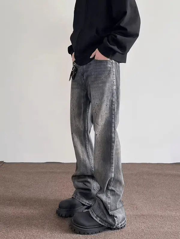 Japanese Brand × Jean Street distressed straight-leg micro-flared ink-dotted jeans Size US 32 / EU 48 - 2 Thumbnail