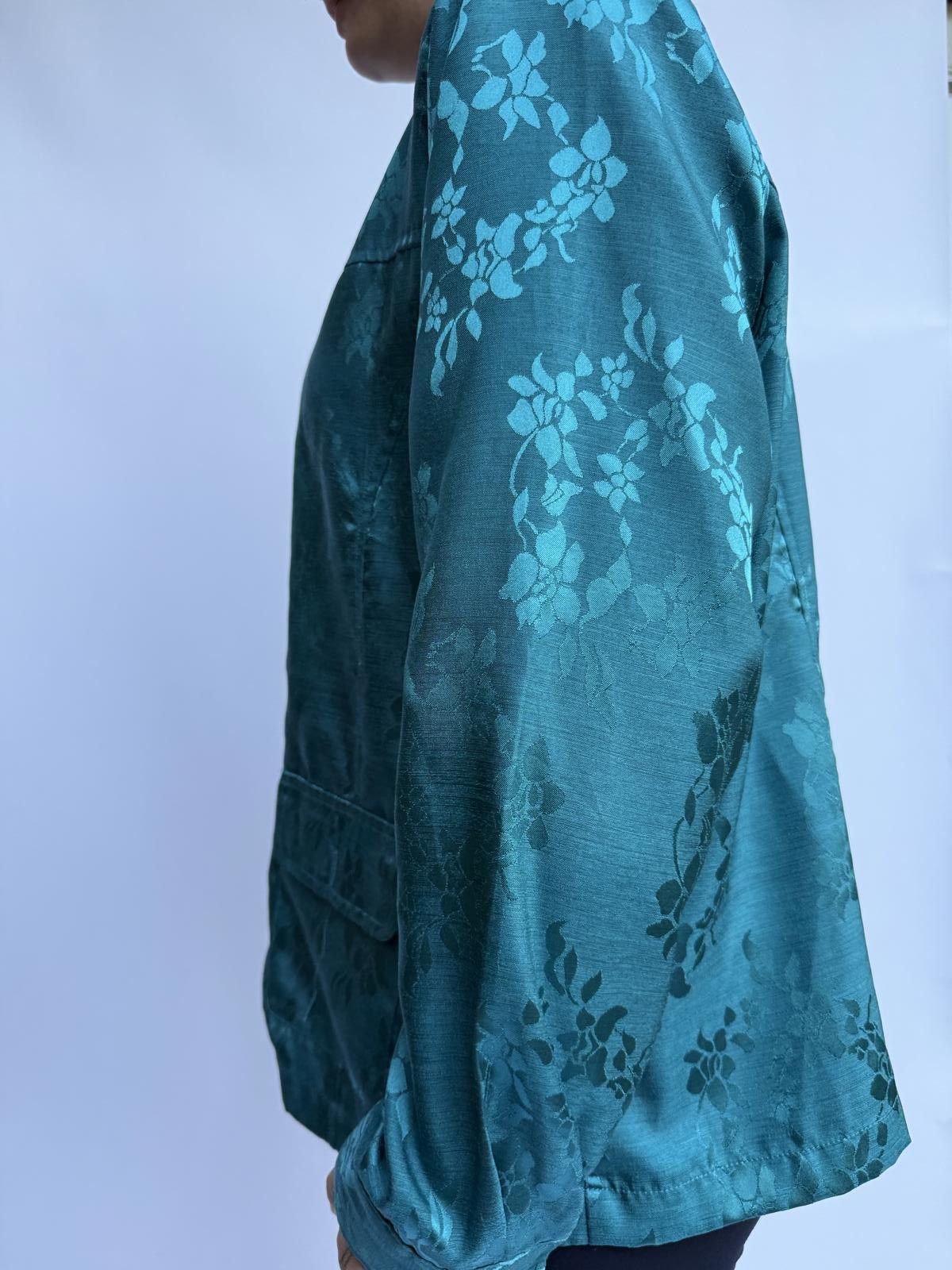 Designer Vintage Floral Zip-Up Jacket - Teal Size ONE SIZE - 2 Thumbnail