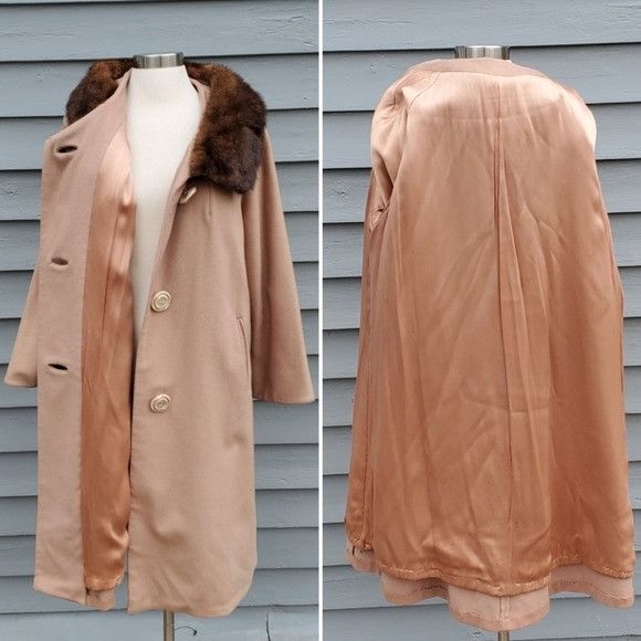 Vintage Vintage 50s 60s Jackie O Kennedy Tan Wool Brown Mink Coat Size XL / US 12-14 / IT 48-50 - 5 Thumbnail