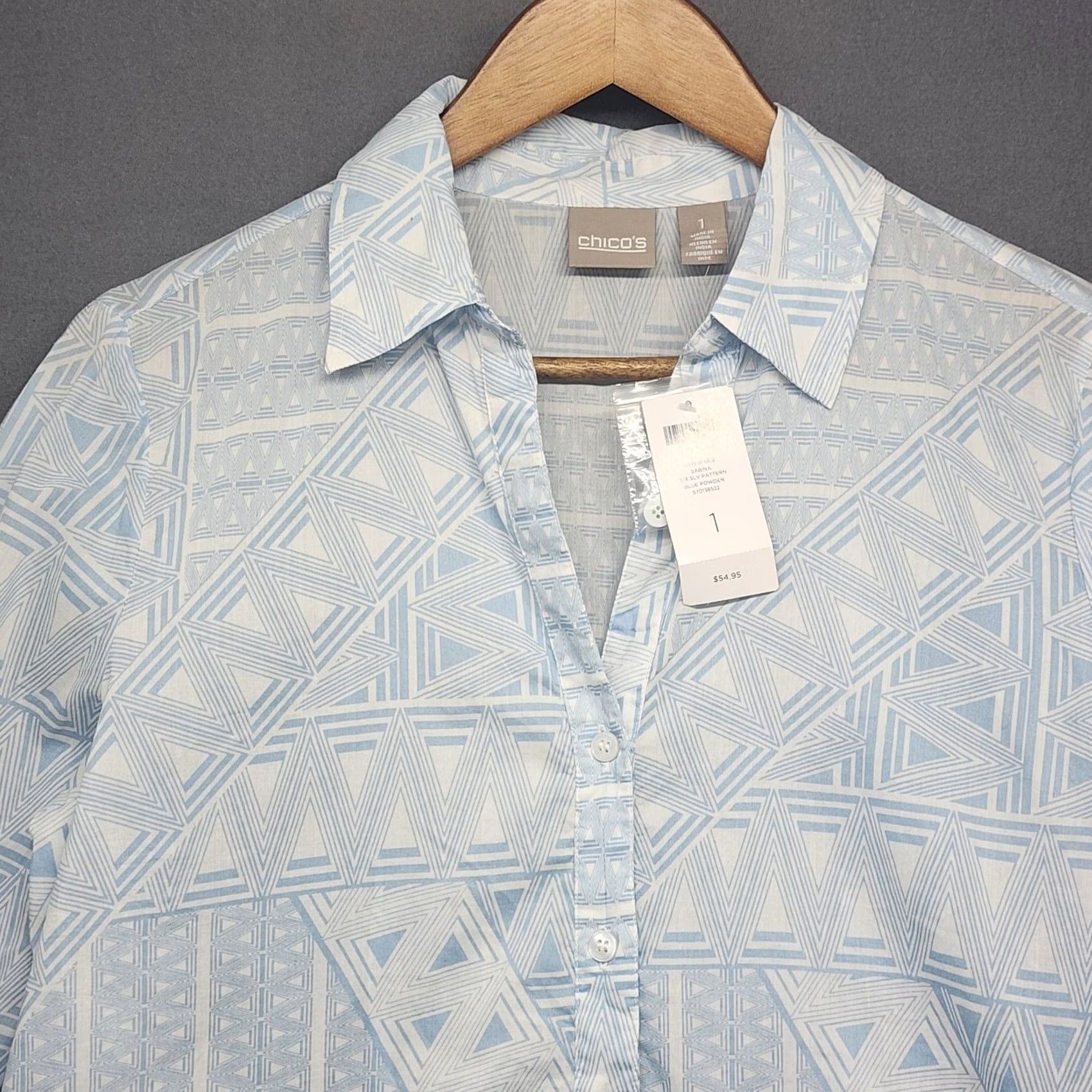 Vintage Chicos Shirt Womens 1 Medium Blue Geometric Print Button Front 3/4 Sleeve NEW Size M / US 6-8 / IT 42-44 - 7 Thumbnail