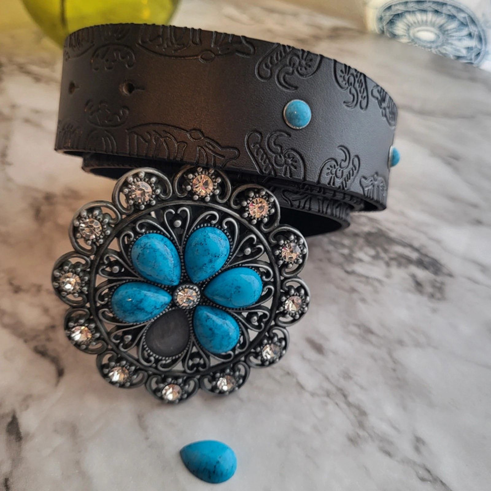 Other Black and Blue Floral Buckle Vegan Leather Belt 44 inches Size ONE SIZE - 6 Thumbnail