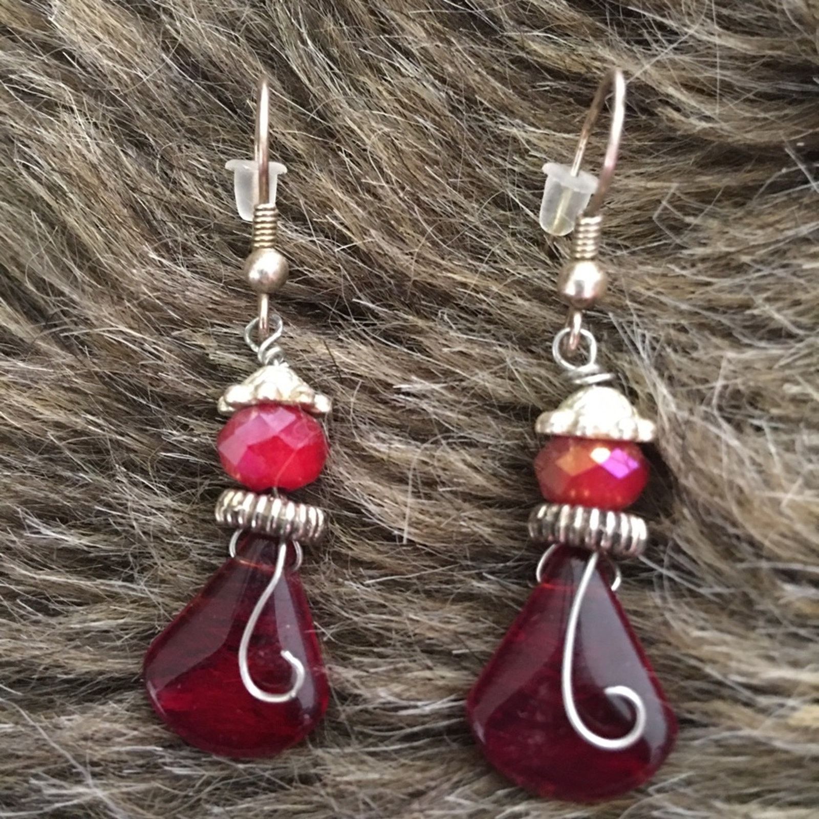 Jewelry Red Glass Bead Gold Tone Dangle Fish Hook Earrings, Women's