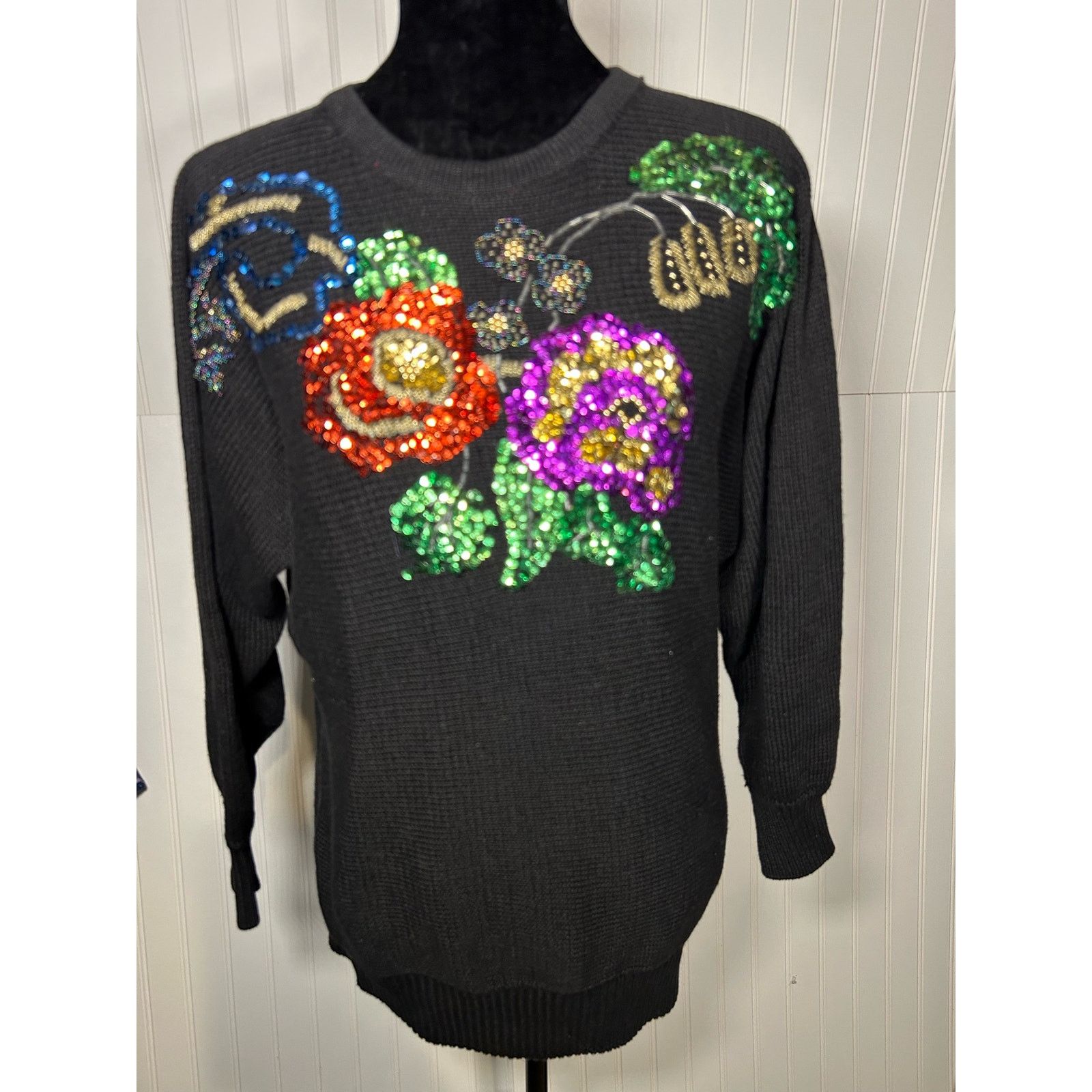 Other Vintage 80s Black Knit Sweater Floral Sequins size M Size M / US 6-8 / IT 42-44 - 2 Thumbnail