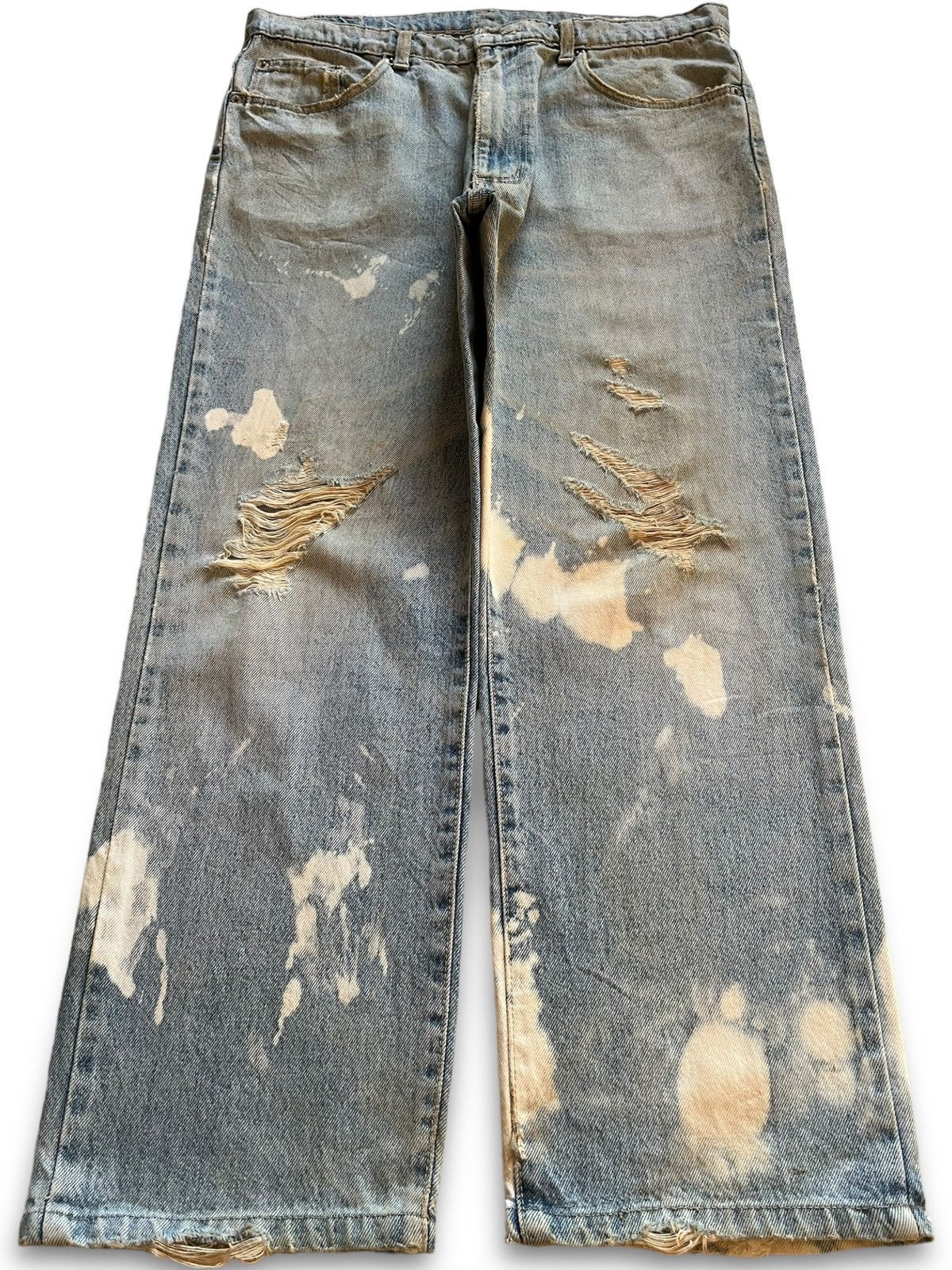 image of Avant Garde x Distressed Denim Vintage Japanese Wrangler Acid Wash Distressed Loose Jeans in Blue (