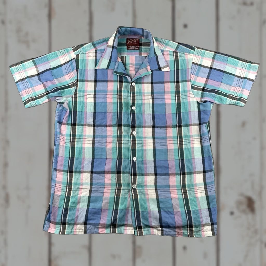 Vintage VINTAGE Golden Key Plaid Button-Up Shirt Striped Blue Pink Large Made In USA Mens Short Sleeve Collared - Size US L / EU 52-54 / 3 - 1 Thumbnail