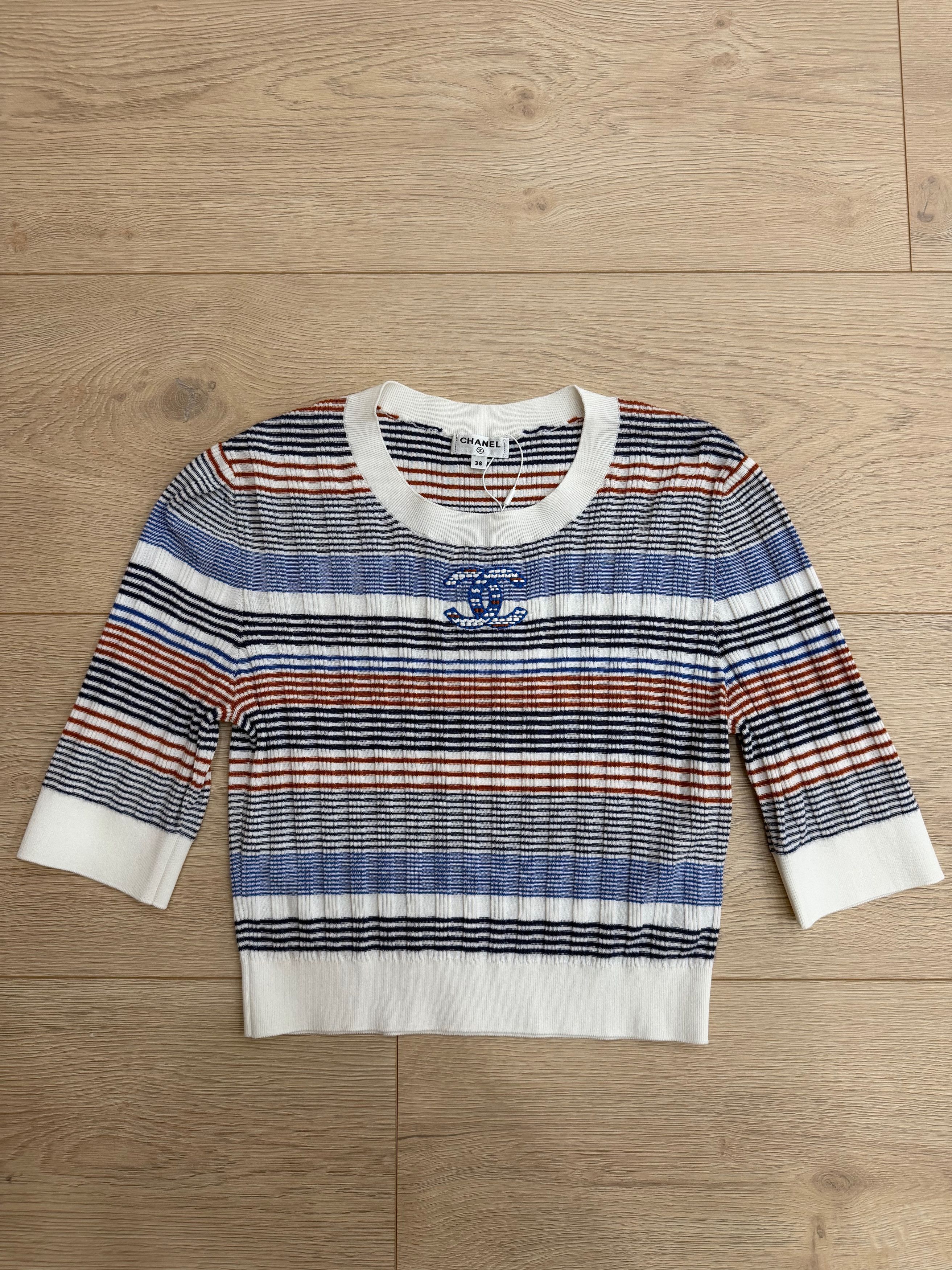 Chanel 21C White Orange Striped CC Logo Top Short Pullover Shirt 38 Size XS / US 0-2 / IT 36-38 - 2 Thumbnail
