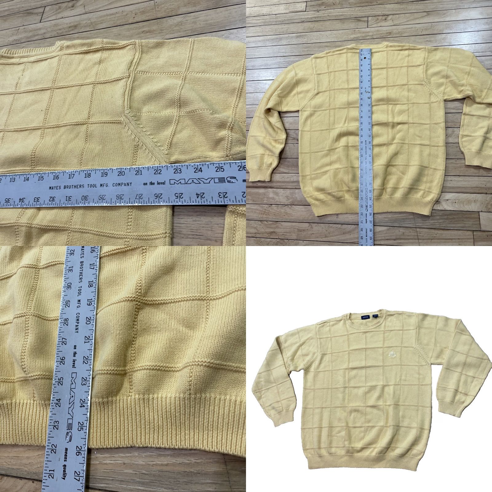 Izod VINTAGE IZOD Preppy Yellow Sweater Men L Boxy Golf Pullover Check Crest 100% Cotton Crew Mens Size US L / EU 52-54 / 3 - 8 Thumbnail