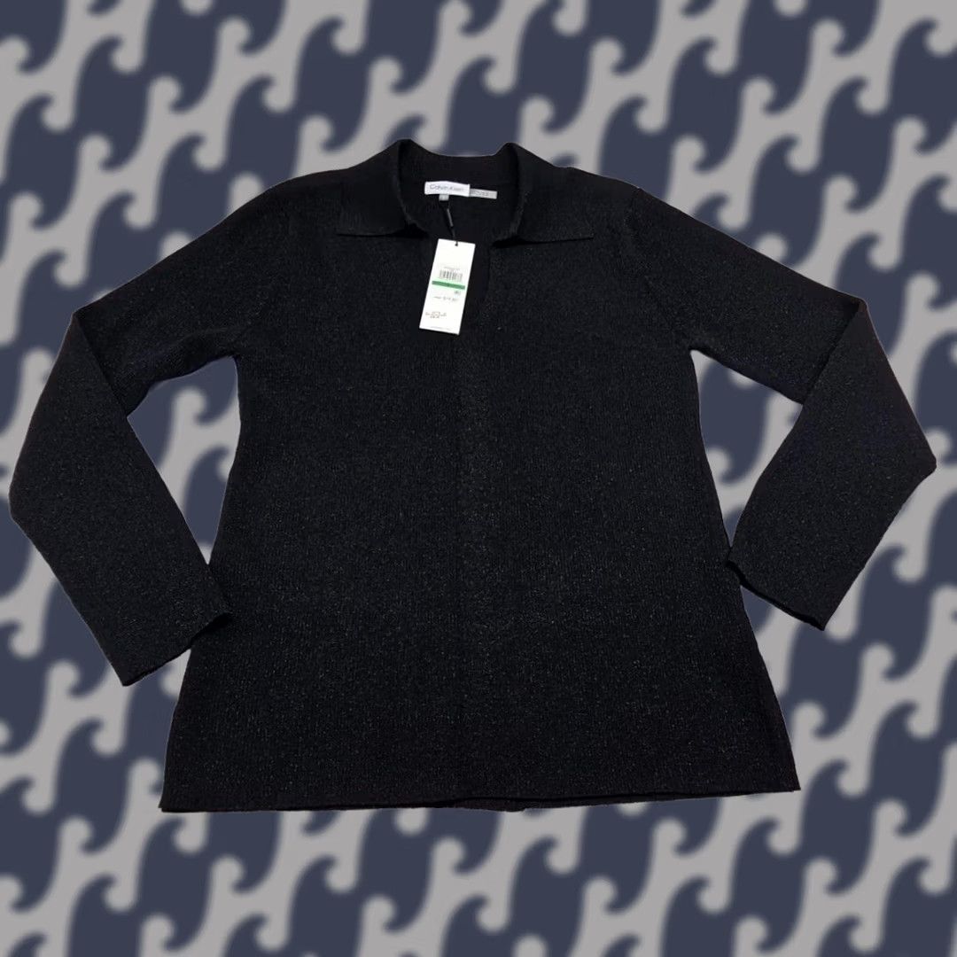 Calvin Klein Calvin Klein Black Metallic Knit Sweater Top Collared Long Sleeve Textured NWT Women L Black Shimmer Petite? Size L / US 10 / IT 46 - 1 Thumbnail