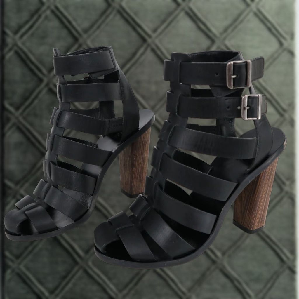 Vince Gladiator Sandals Nicolette Womens 8M Black Leather Ultra High Block Heel Shoes