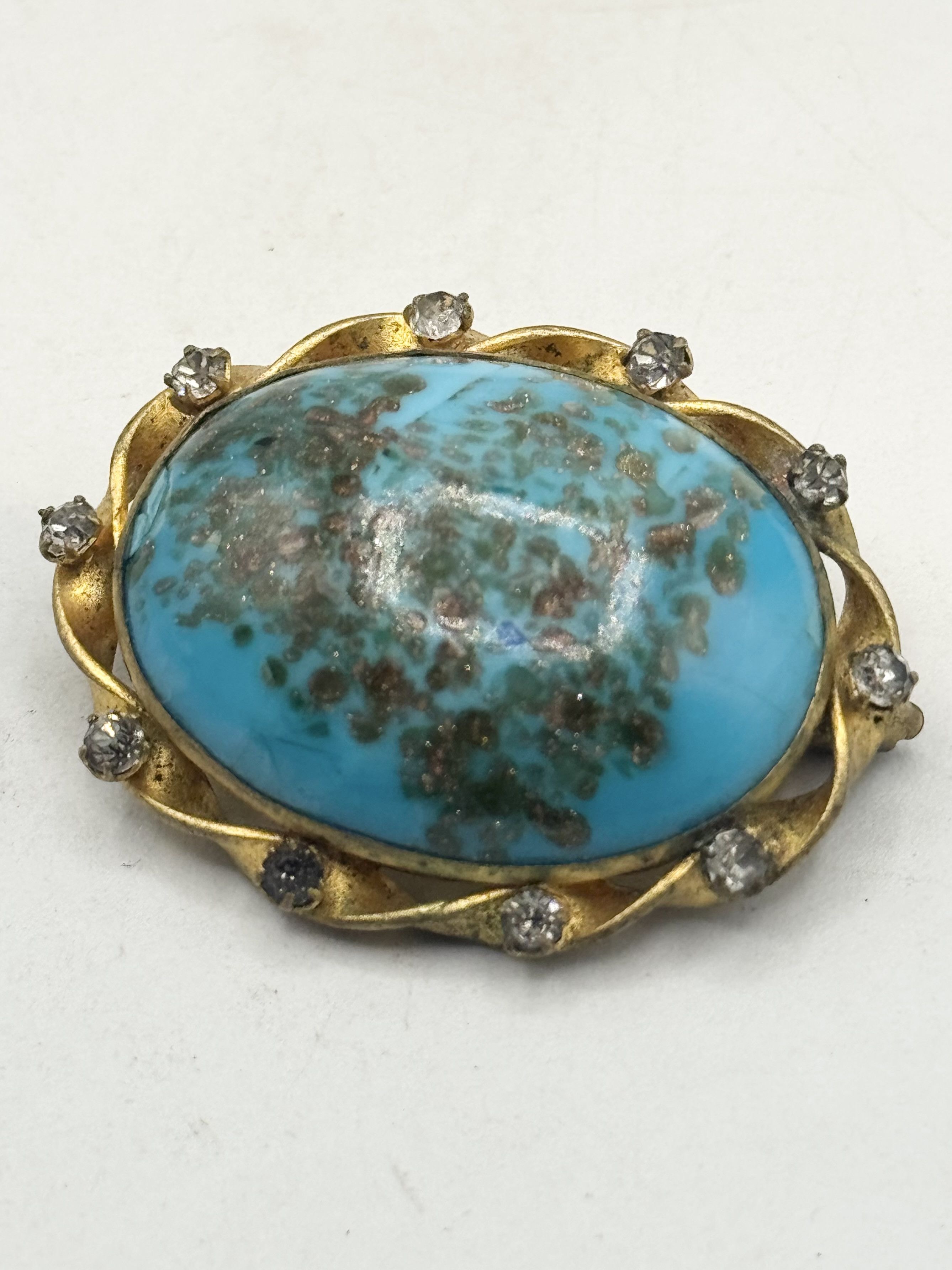 Vintage Antique blue art glass rhinestone brooch pin Size ONE SIZE - 3 Thumbnail