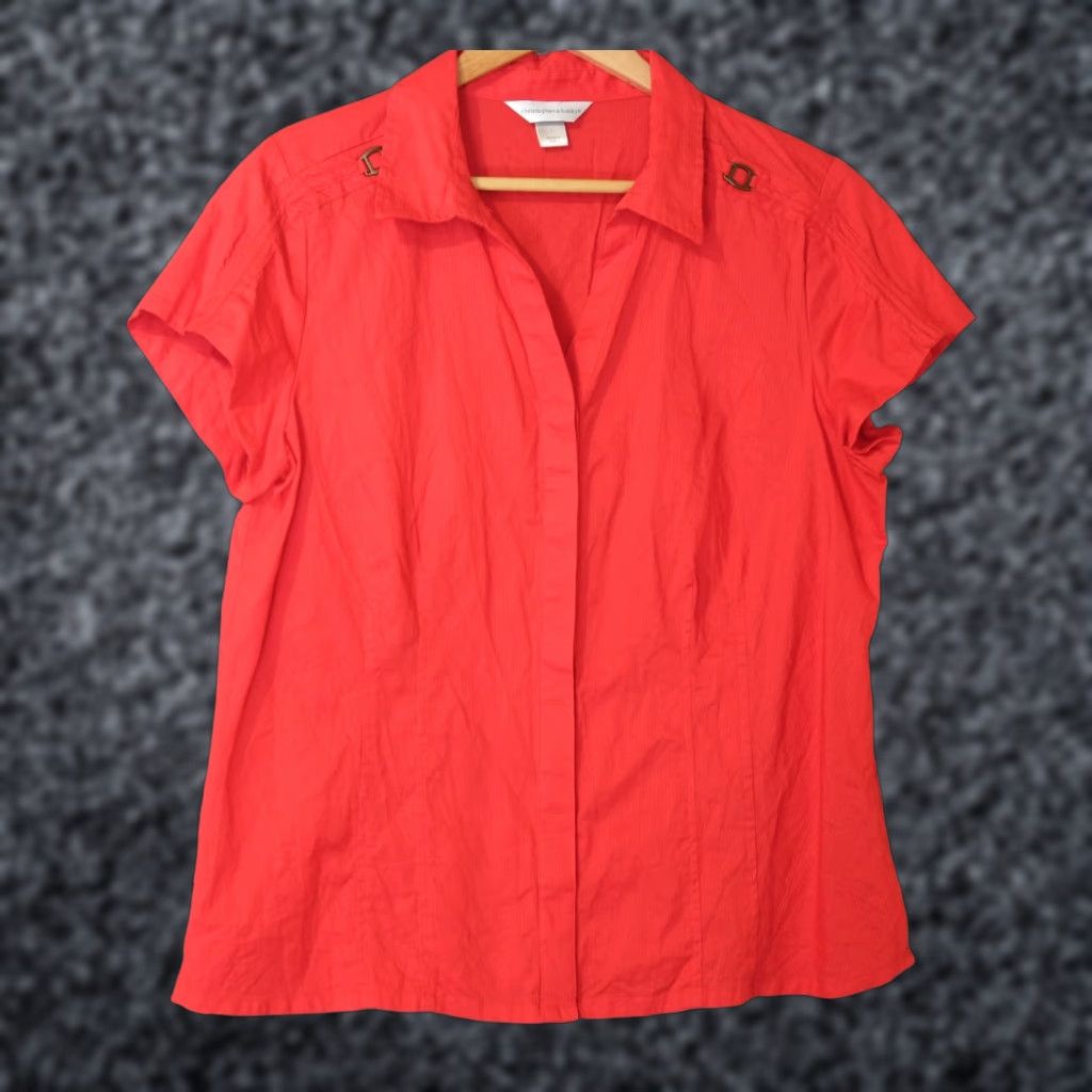 Vintage Christopher & Banks Button-Up Shirt Red Womens L 100% Cotton Shirt Short Sleeve Casual Slim Fit Mens Womens Girls Size L / US 10 / IT 46 - 1 Thumbnail