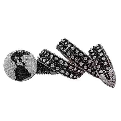 Japanese Brand y2k black white studded rhinestone leather belt Size 34 - 3 Thumbnail