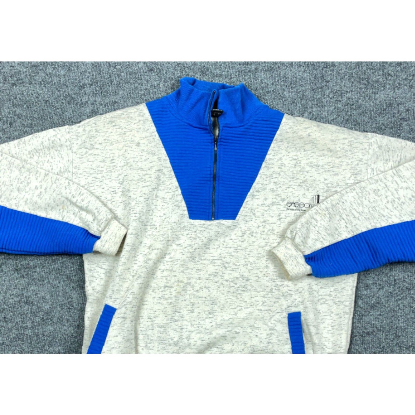 Vintage VINTAGE 1/4 ZIP Sweatshirt Sign of Times Gray Blue 90s Distressed Men XL High Neck Pullover Cotton Blend Graphic Print Size US XL / EU 56 / 4 - 3 Thumbnail