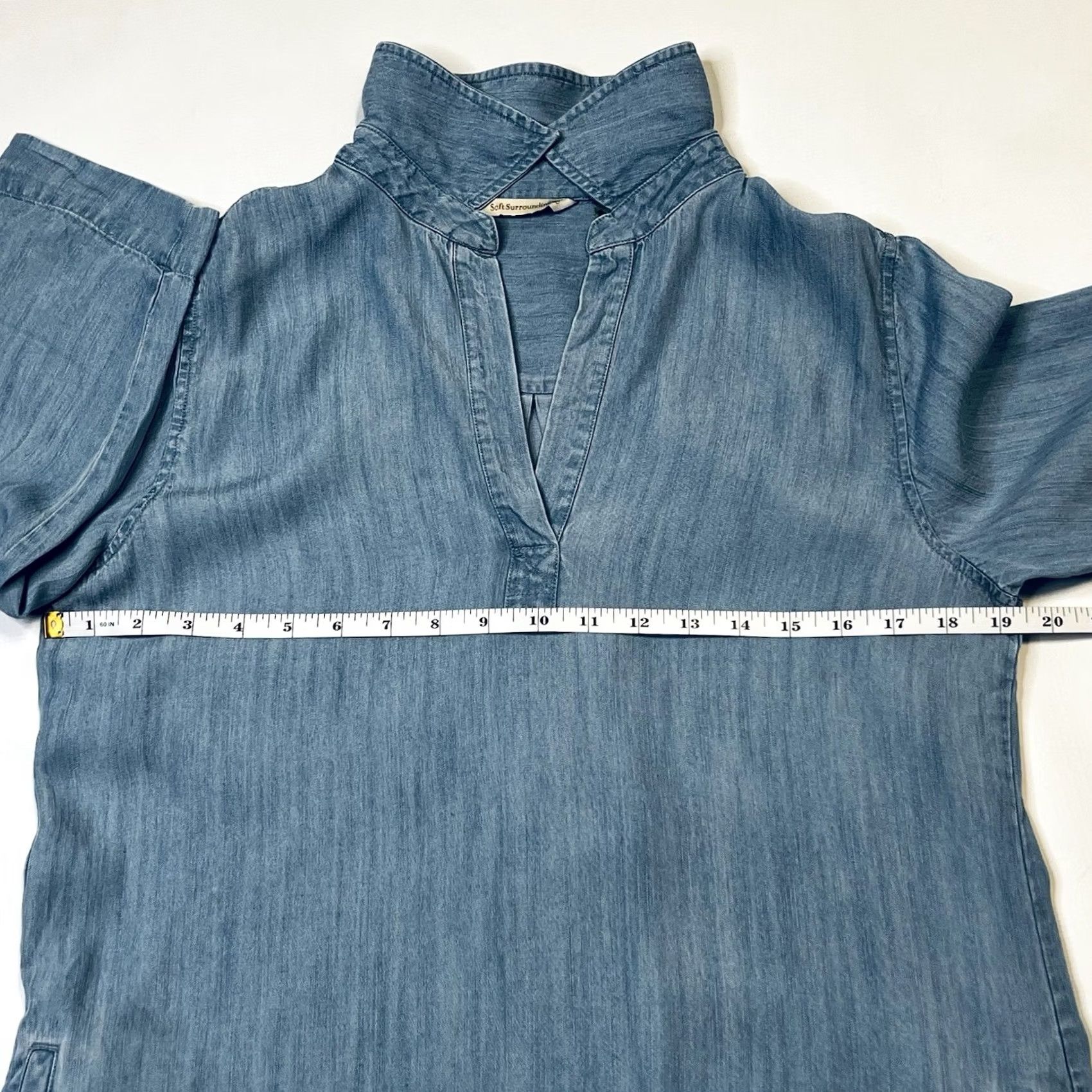 Soft Surroundings Soft Surroundings Shirt Dress Women's Small Blue Chambray V Neck Pockets Lightweight Lyocell Cap Sleeve Solid 100% GENUINE USA SELLER Size S / US 4 / IT 40 - 4 Thumbnail
