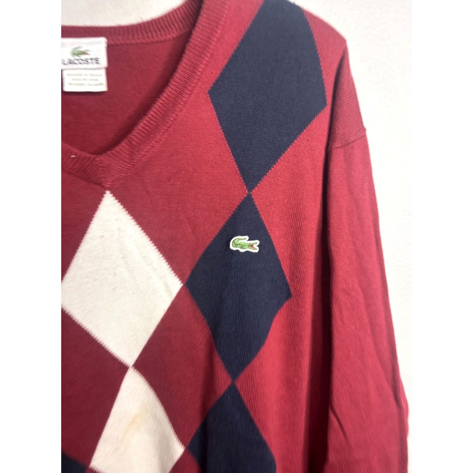 Lacoste Lacoste Red Argyle Sweater Mens XL Regular Knit Croc Logo Preppy Size US XL / EU 56 / 4 - 2 Thumbnail