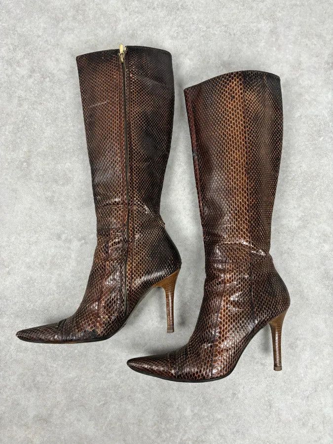 Dolce & Gabbana 2000s Dolce & Gabbana Brown Python Leather Knee-High Heeled Boots Size US 8 / IT 38 - 3 Thumbnail