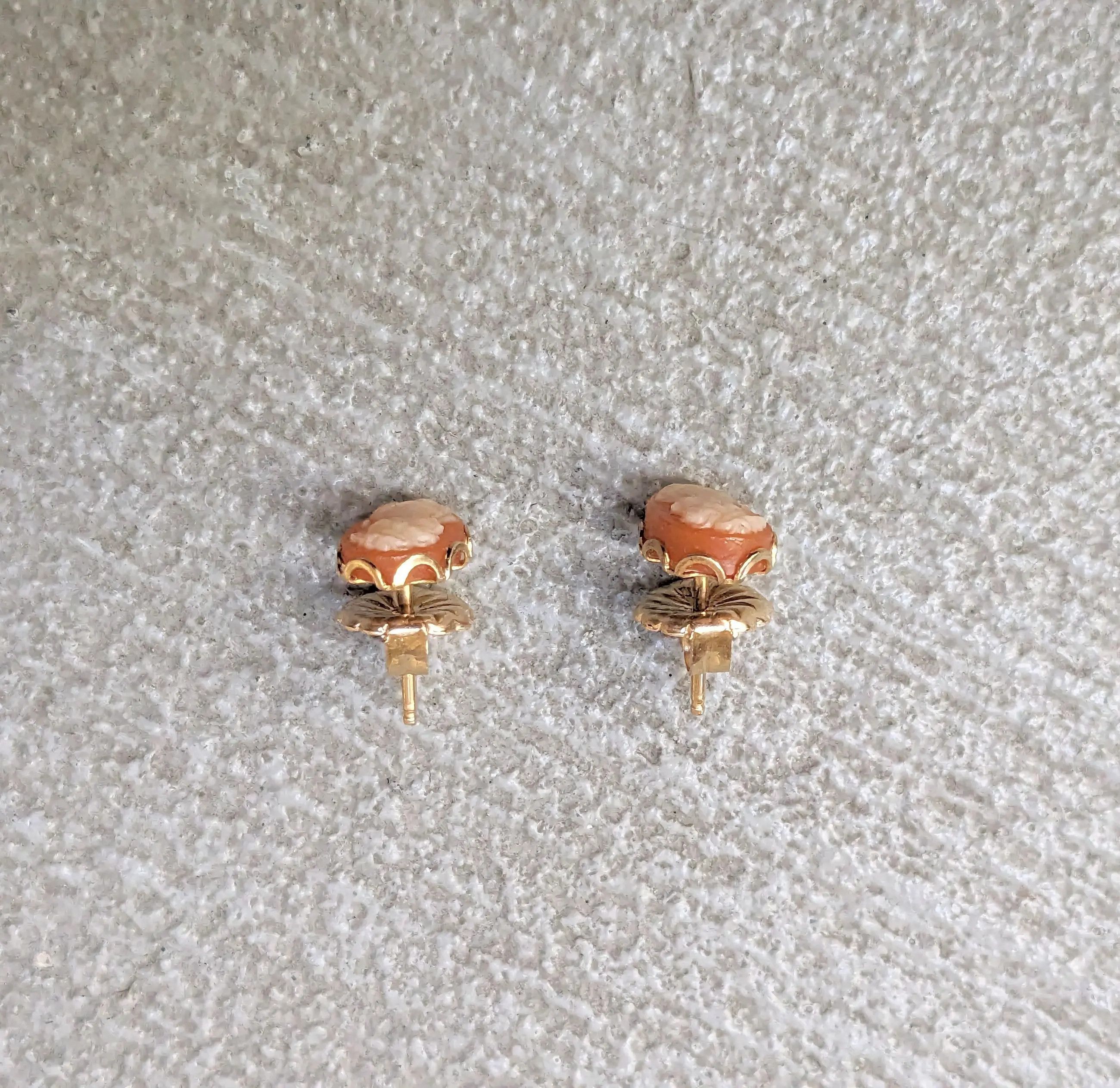 Jewelry × Vintage Vintage 14K Earrings Cameo Coral Oval Antique Woman Lady Size ONE SIZE - 4 Thumbnail