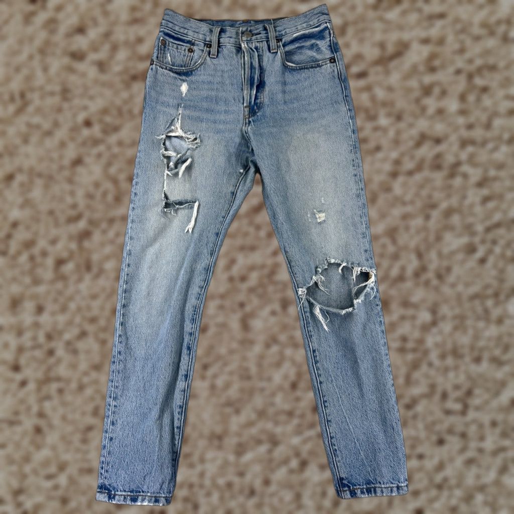 Levi's VINTAGE Levis 501 Jeans Womens 25x28 Blue Denim 501 Skinny Button Fly Distressed Stretch Retro жер Size 42" / US 20 - 1 Thumbnail