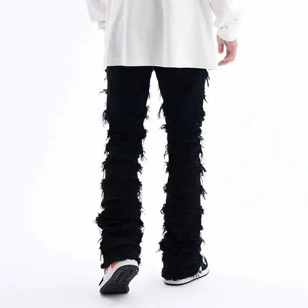Jean Black Striped Tassel Frayed Straight Baggy Jeans Pants Size US 32 / EU 48 - 2 Thumbnail