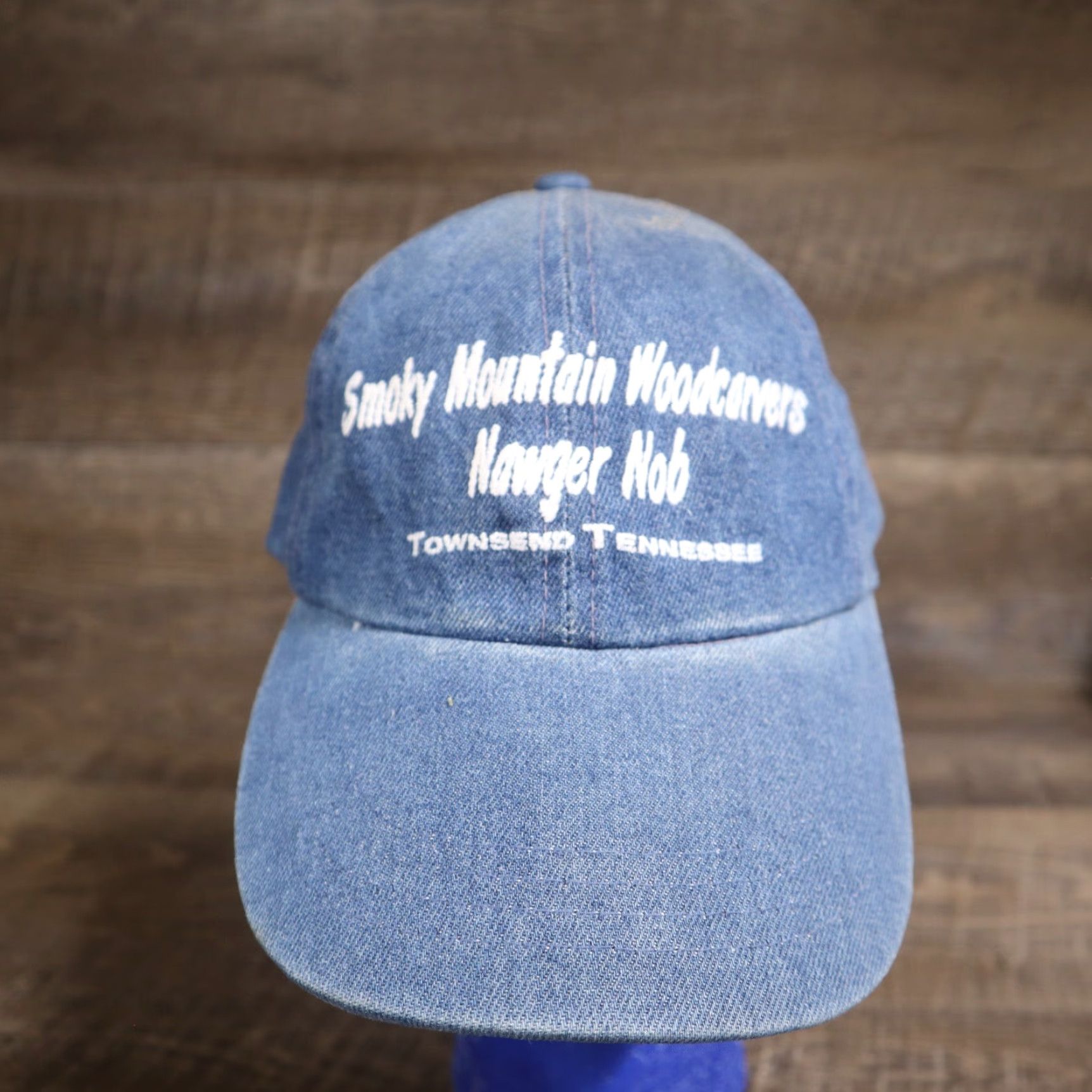 Vintage Nawger Nob Townsend TN Denim Blue Distressed Hat - Smoky Mountain Woodcarvers Cap, Adjustable, Men, Denim Cotton, Blue, Casual Comfort Size ONE SIZE - 2 Thumbnail