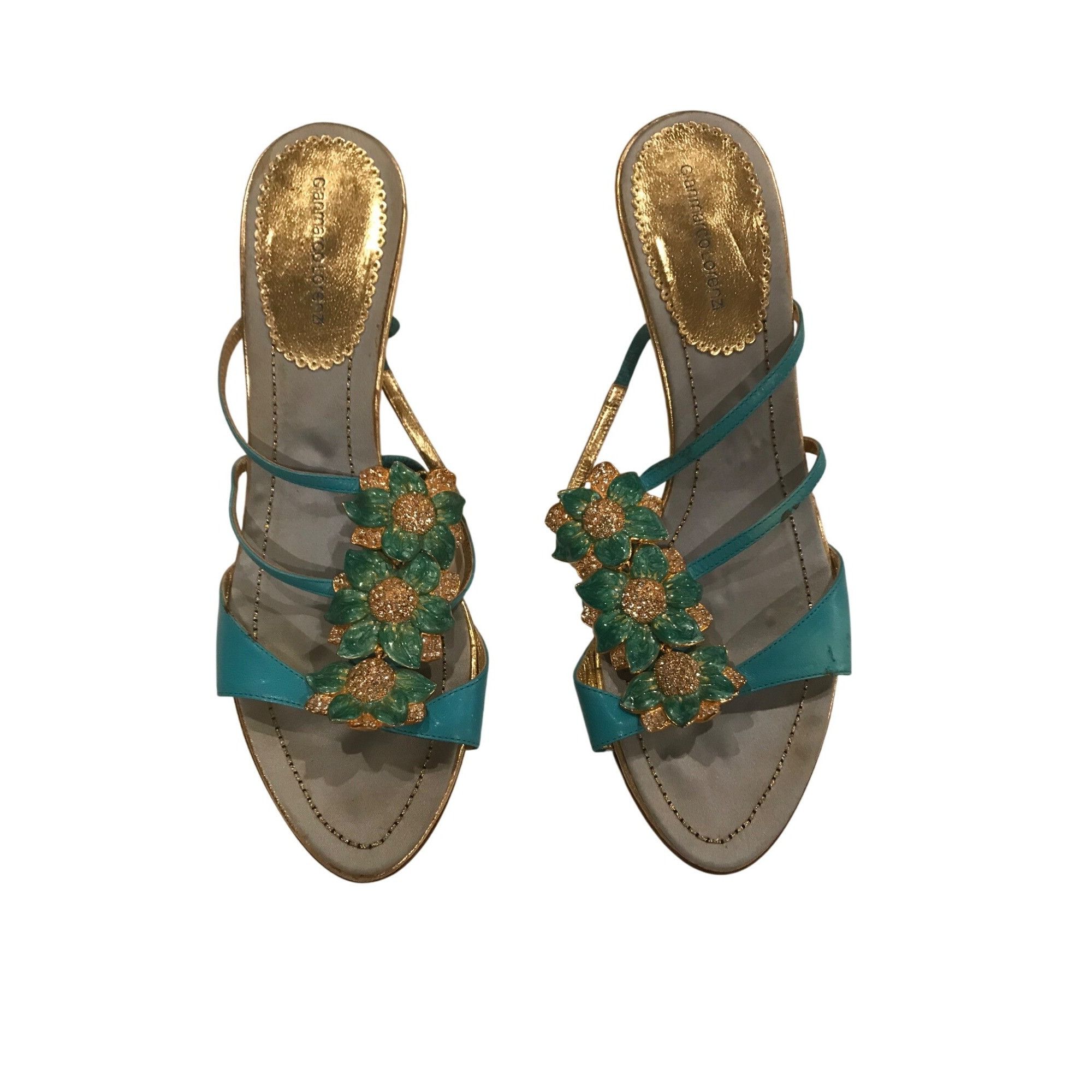 Vintage Gianmarco Lorenzi Turquoise Strappy Embellished Leather S Size US 8.5 / IT 38.5 - 2 Thumbnail