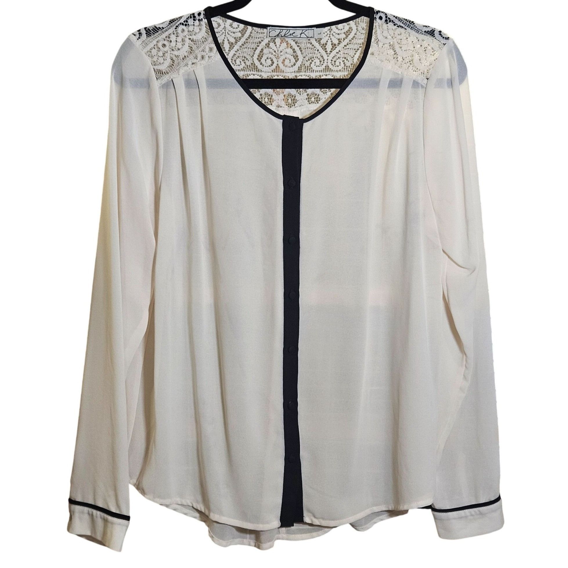 Other Chloe K Lace Blouse Cream Black Trim Long Sleeve L Coquette Size L / US 10 / IT 46 - 2 Thumbnail