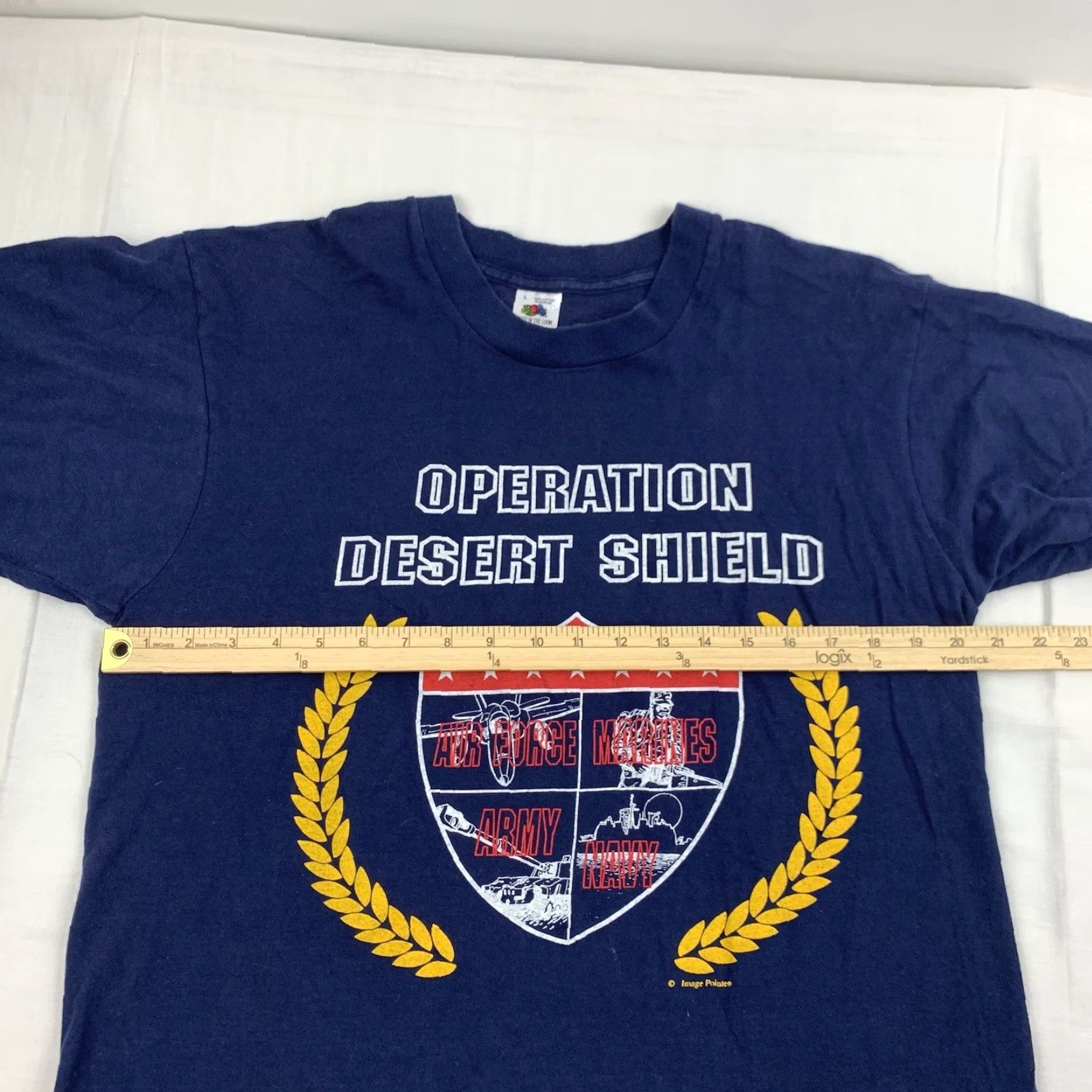 Fruit Of The Loom VINTAGE Operation Desert Shield Shirt Adult Large Blue United States Military Fruit of the Loom Shirt Mens 90s Military Size US L / EU 52-54 / 3 - 6 Thumbnail