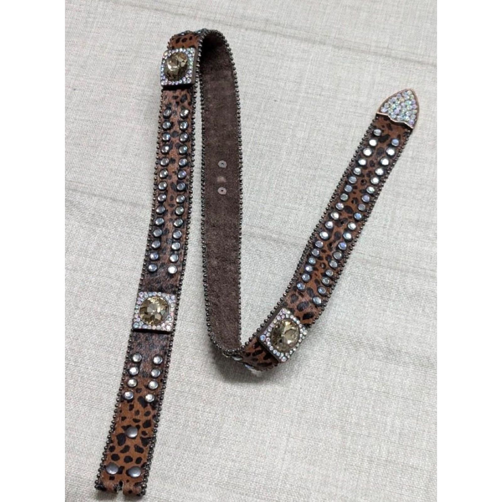 Vintage VINTAGE Y2K COW H AIR rhinestone LEOPARD leather BELT 38 brown STUDDED Western Belt, Cowboy, Rodeo, Southwestern Mens Size 38 - 3 Thumbnail