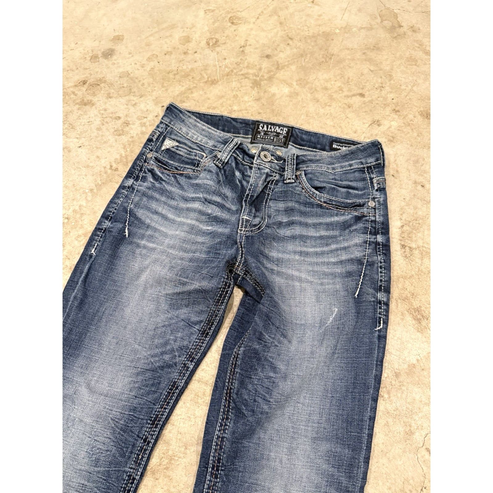 Vintage Salvage Jeans Mayhem Boot Mens 30S 30x29 Stretch Denim Whiskers Boocut Bootcut Regular Mens Blue Pant (Salvage) Size US 30 / EU 46 - 4 Thumbnail