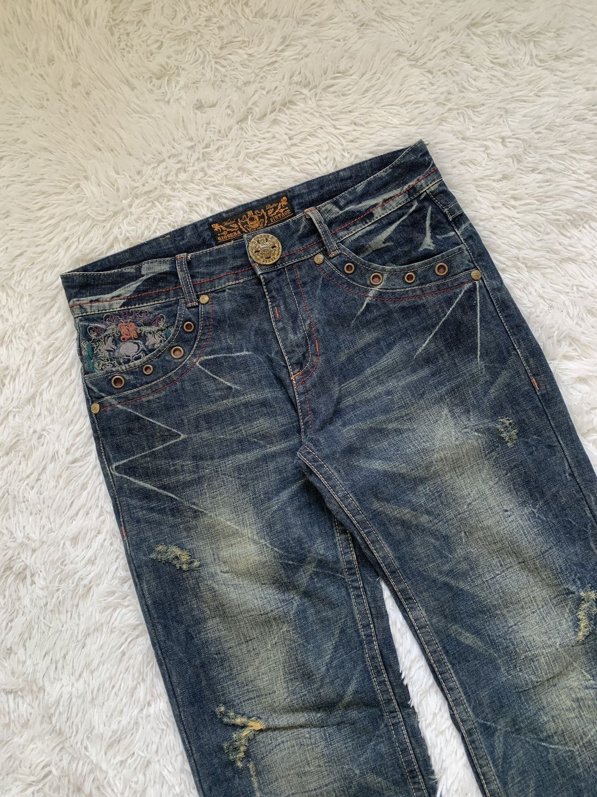 If Six Was Nine Vintage Biobera Barbwire Distress Flared Jeans Size US 34 / EU 50 - 4 Thumbnail