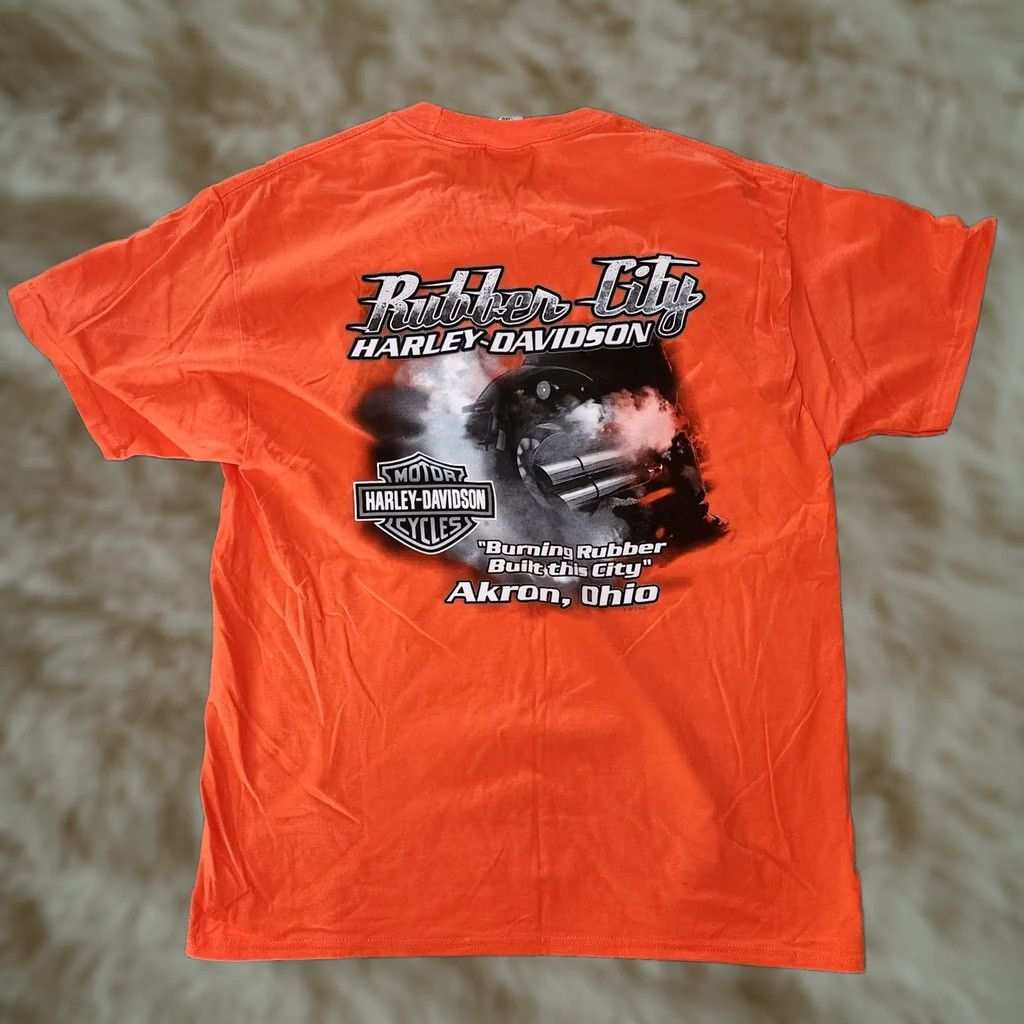 Harley Davidson Harley-Davidson T Shirt Tee Mens Large Orange Akron Ohio Biker Graphic Print Logo Short Sleeve Crew Neck Cotton Polyester 2010-2019 Vintage No Mens Size US L / EU 52-54 / 3 - 1 Thumbnail