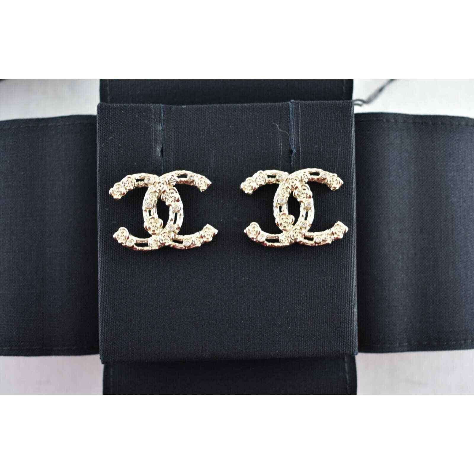 Chanel Chanel Gold Crystal Camellia Statement Drop Stud Earrings Size ONE SIZE - 7 Thumbnail