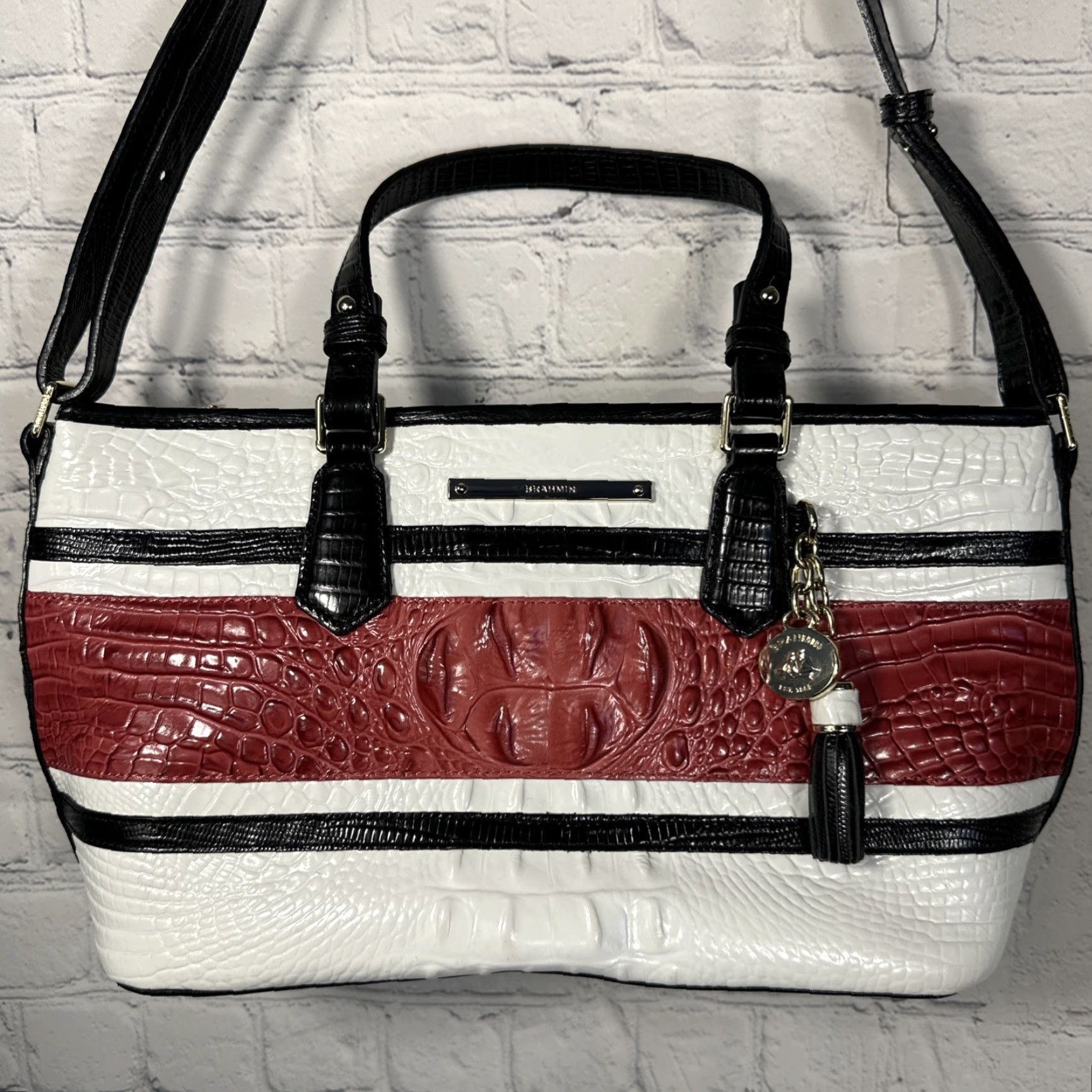 BRAHMIN Brahmin Melbourne Collection Mini Asher Croc Embossed Leather Tote Bag Red Shoulder Bag Women Zip Pockets Tassel 22k Gold Beig e Lining Brown/Beige? Size ONE SIZE - 2 Thumbnail
