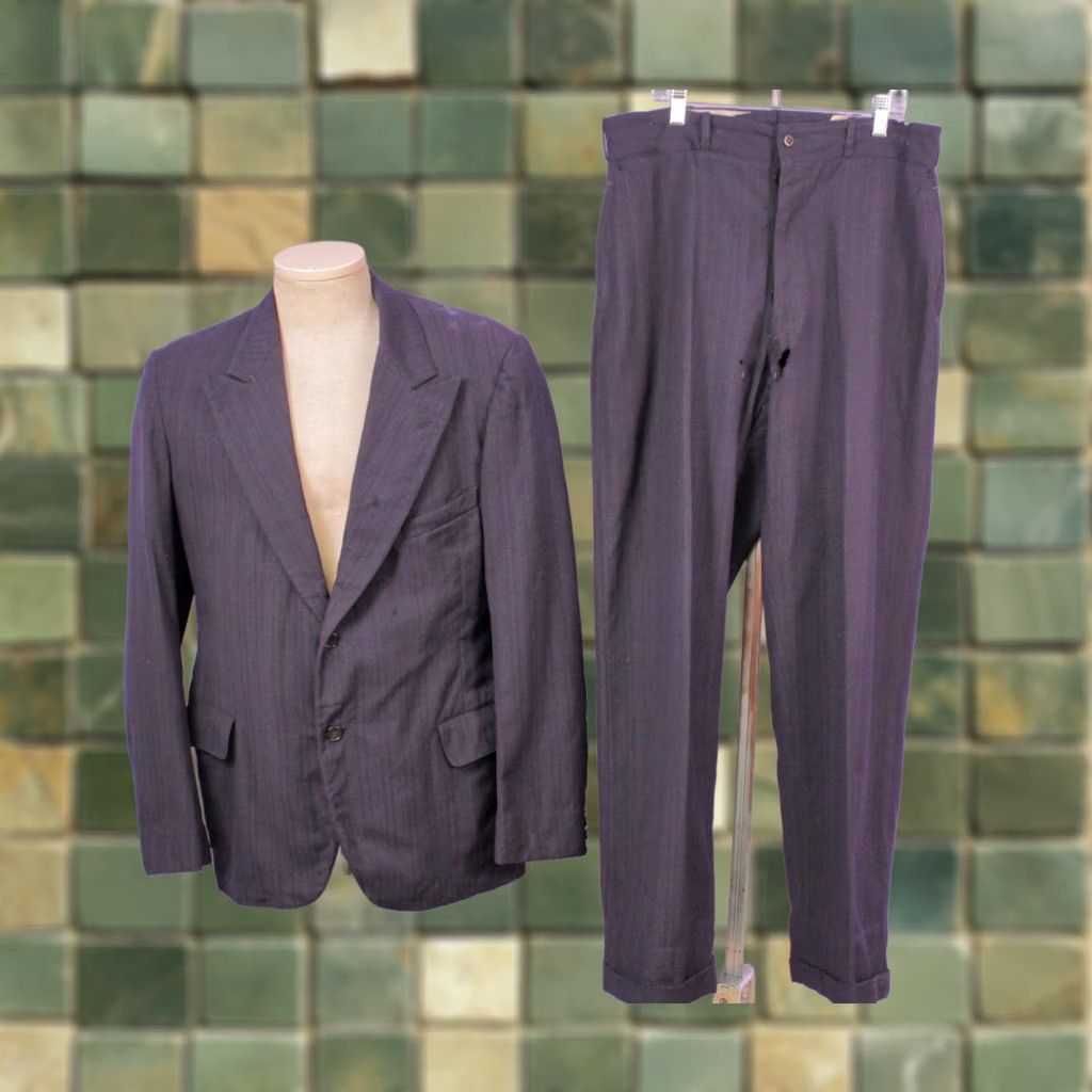 Vintage VINTAGE Men's VTG 20s AS IS Navy Wool 2 PC Suit Sz S-M 1920s Button Fly Pants Shirt Jacket Wool Navy Blue 1920s Mens Women Girls Boys Size 36R - 1 Thumbnail