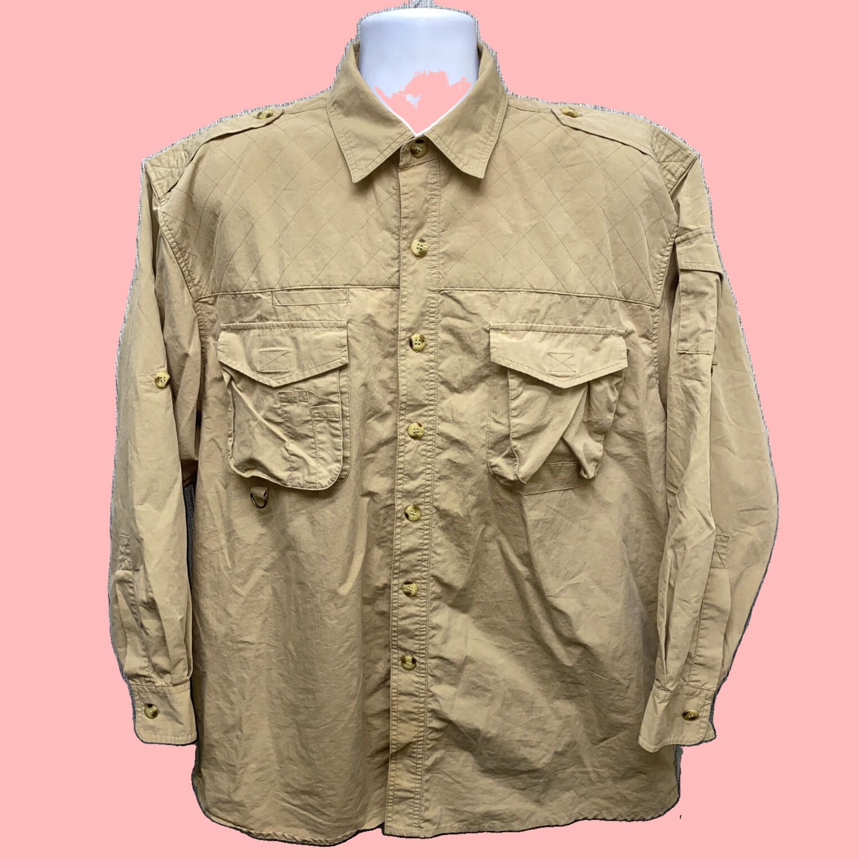 Vintage TravelSmith Men's Beige Cotton/Nylon Long Sleeve Fishing Shirt XL Button-Down Collar Size US XL / EU 56 / 4 - 1 Thumbnail