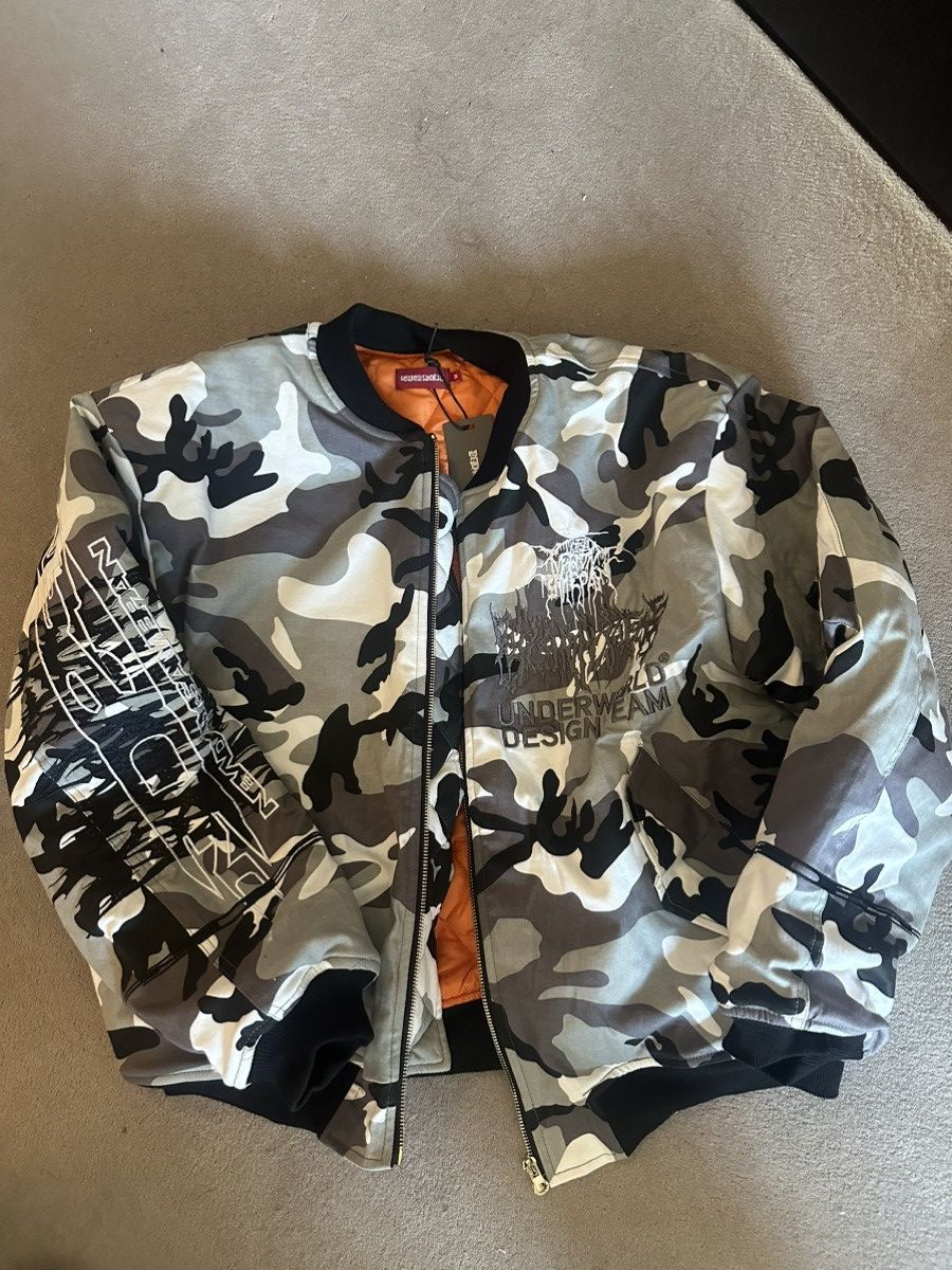 image of Elykong Reckless Elyscholars Camo Bomber in White, Men's (Size Medium)