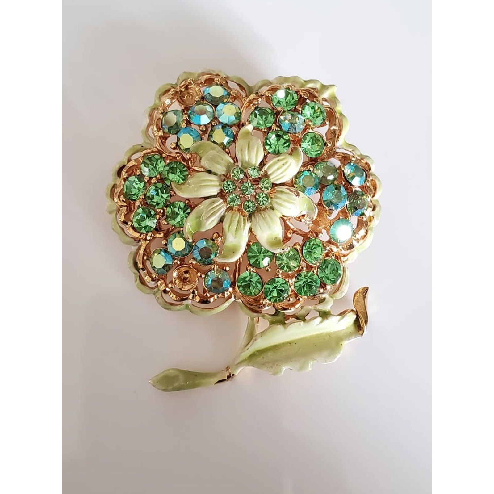 Other Vintage Sage Green Enamel and Rhinestone Flower Brooch Size ONE SIZE - 2 Thumbnail