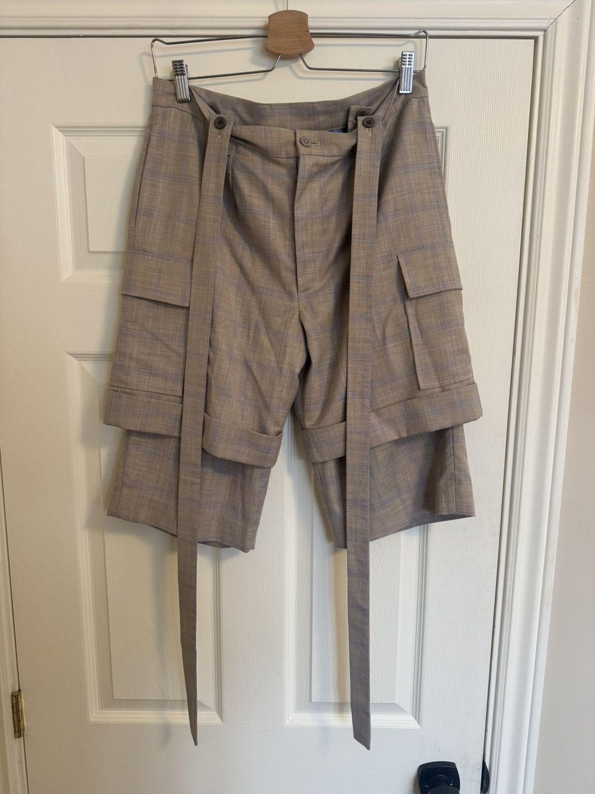 Unique Designer Plaid Cargo Shorts with Straps
