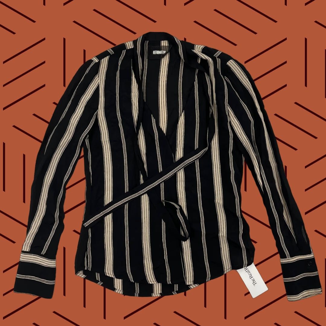 Reformation Reformation Blouse Shirt Womens XS Black Striped Tie Front Viscose Career Office Size XS / US 0-2 / IT 36-38 - 1 Thumbnail