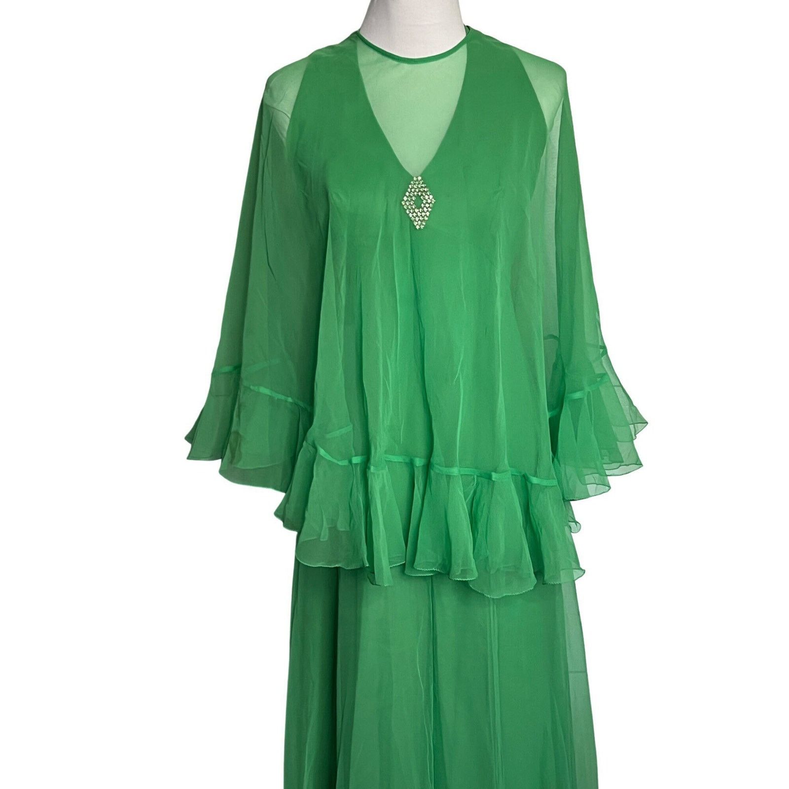 image of Vintage 1970’S Green Dan Lee Dress Chiffon Cape Set Small, Women's